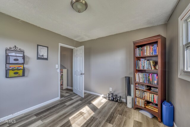 interior space featuring a textured ceiling, wood finished floors, and baseboards