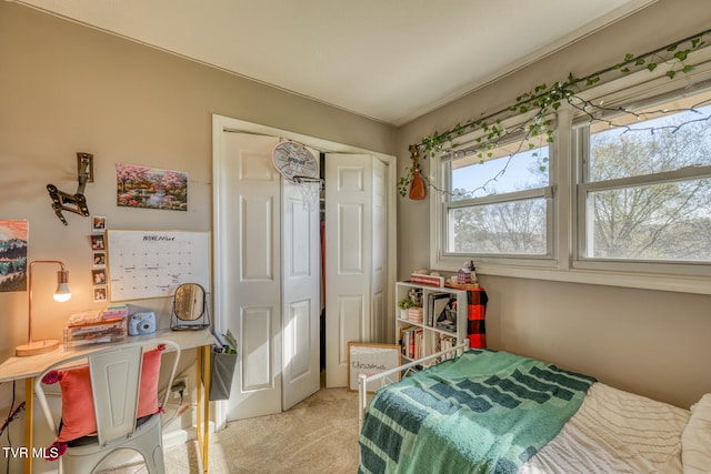 bedroom featuring light colored carpet