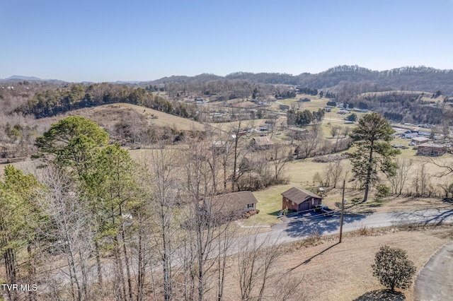 drone / aerial view featuring a mountain view