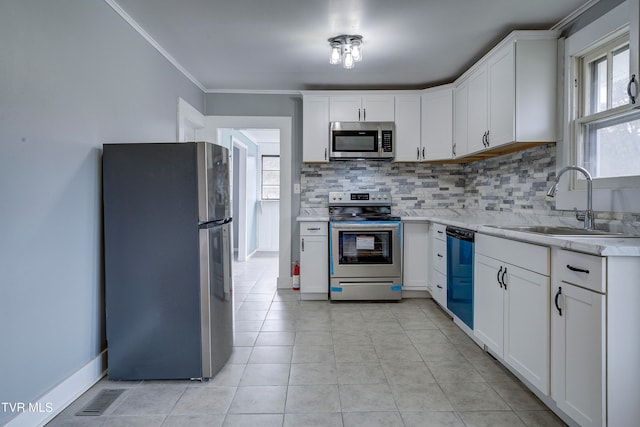 kitchen with white cabinets, sink, crown molding, and stainless steel appliances