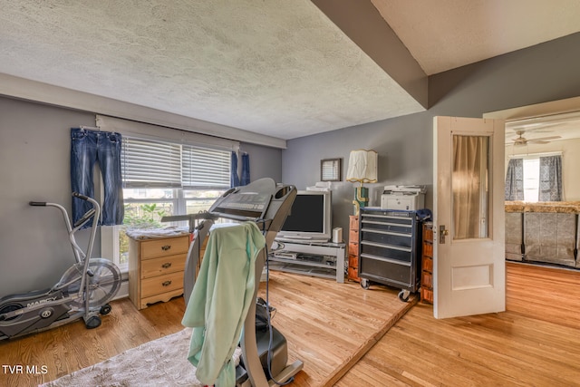 workout room with light wood-type flooring, a wealth of natural light, and ceiling fan