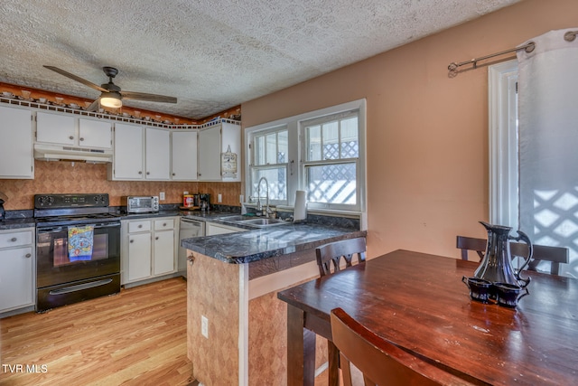 kitchen featuring sink, ceiling fan, light hardwood / wood-style flooring, white cabinets, and black range with electric cooktop