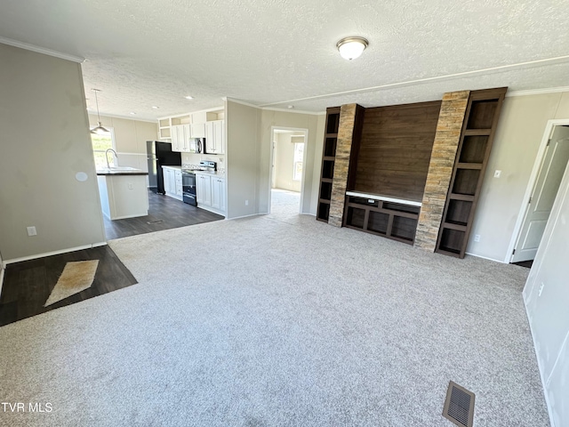 unfurnished living room with dark hardwood / wood-style flooring, sink, a textured ceiling, and ornamental molding