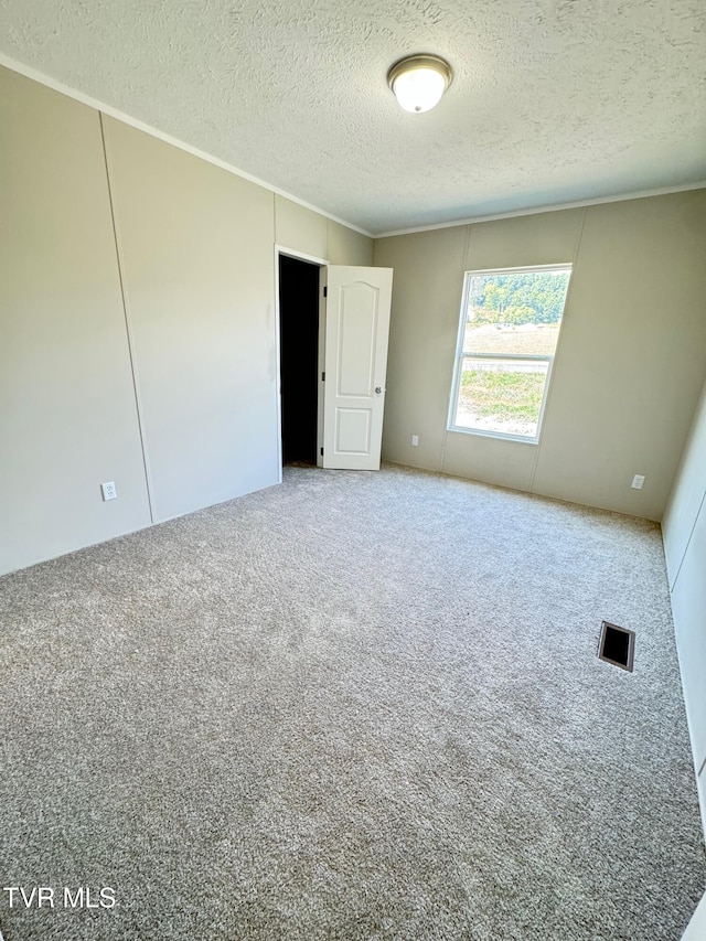 spare room featuring carpet floors and a textured ceiling