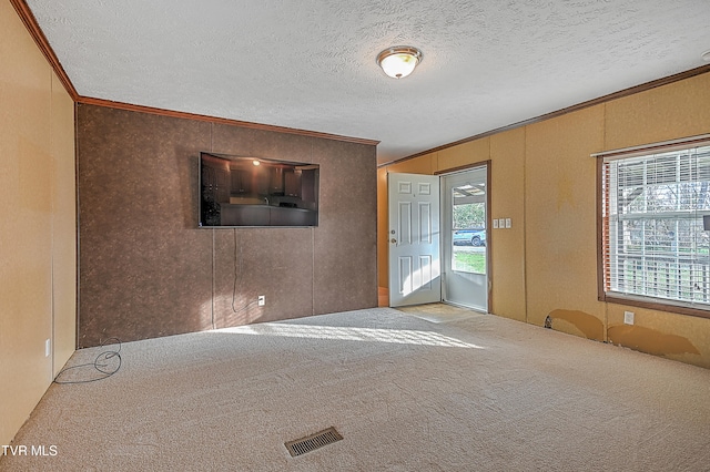 spare room with ornamental molding, light colored carpet, and a textured ceiling