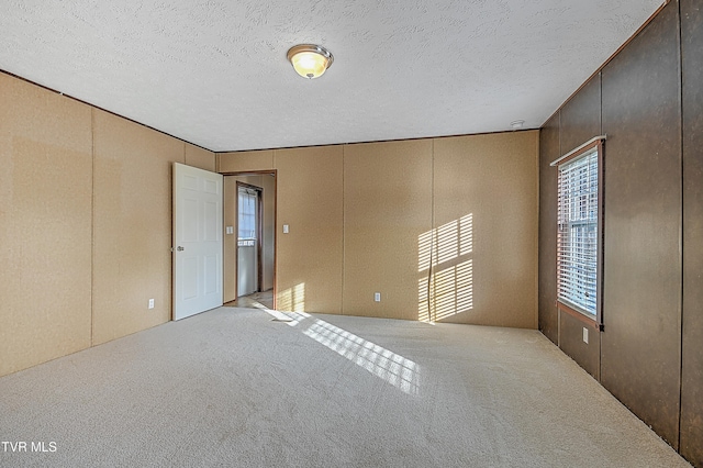 unfurnished room with a textured ceiling and light colored carpet