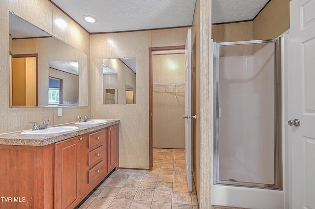 bathroom with vanity, a textured ceiling, and a shower with door