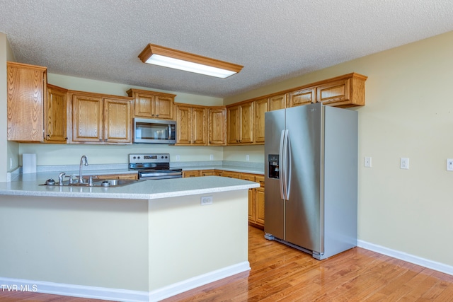 kitchen featuring kitchen peninsula, appliances with stainless steel finishes, a textured ceiling, sink, and light hardwood / wood-style floors