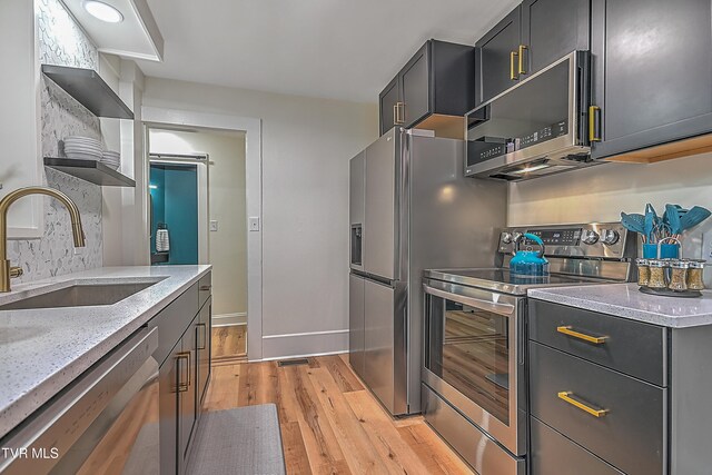 kitchen with tasteful backsplash, sink, stainless steel appliances, and light hardwood / wood-style floors