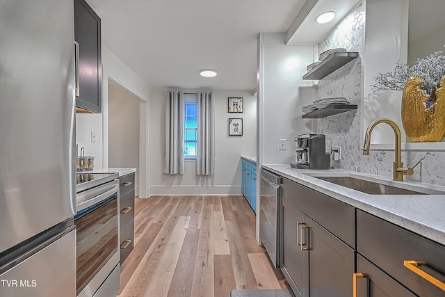 kitchen featuring backsplash, light hardwood / wood-style floors, sink, and appliances with stainless steel finishes