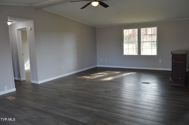 spare room with ceiling fan, crown molding, vaulted ceiling with beams, and dark hardwood / wood-style flooring