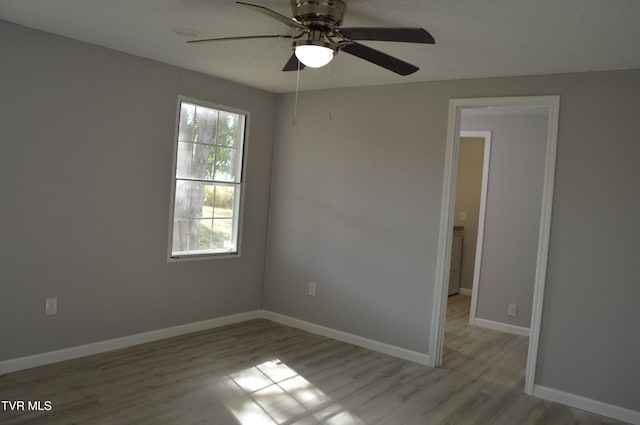 spare room with ceiling fan and light wood-type flooring