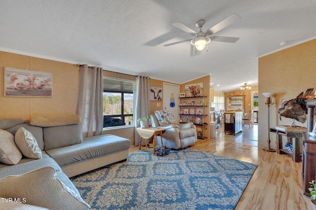 living room with ceiling fan, light hardwood / wood-style flooring, a textured ceiling, and ornamental molding