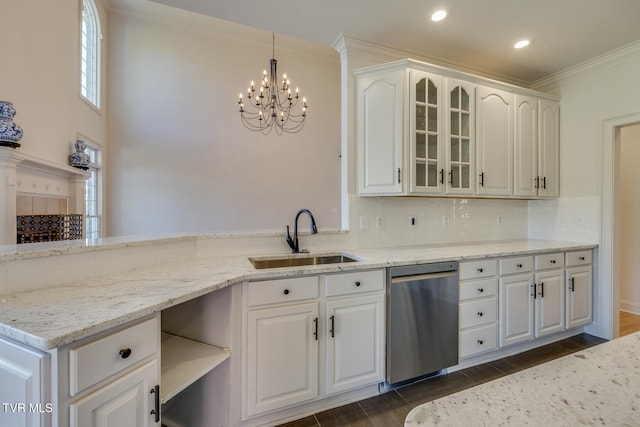 kitchen featuring white cabinets, light stone countertops, sink, and dishwasher