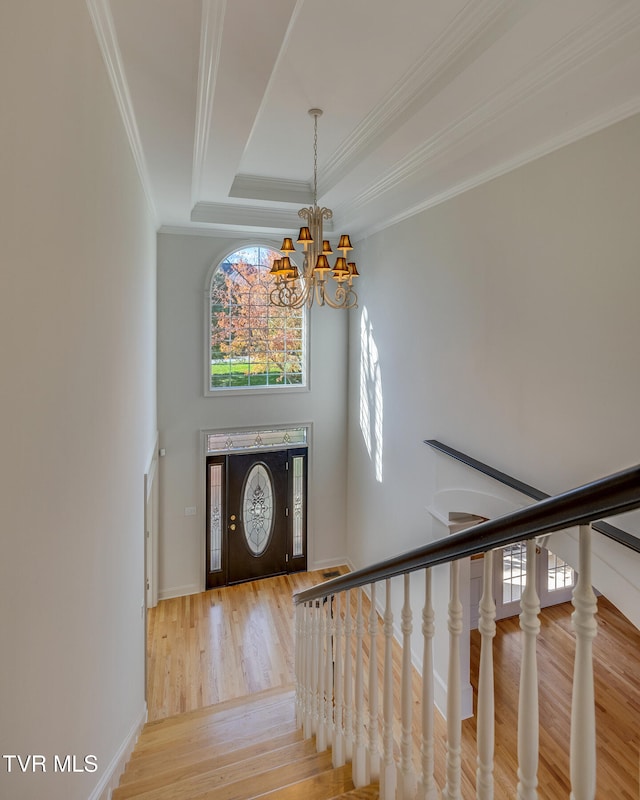 foyer featuring hardwood / wood-style flooring, a raised ceiling, crown molding, and a notable chandelier