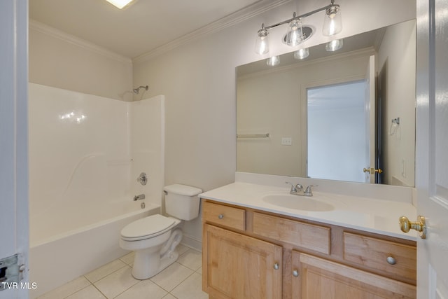 full bathroom featuring tub / shower combination, vanity, crown molding, tile patterned floors, and toilet