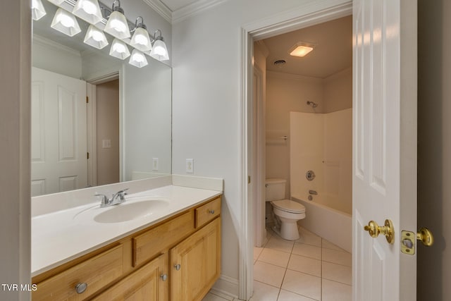 full bathroom with bathing tub / shower combination, crown molding, vanity, tile patterned flooring, and toilet