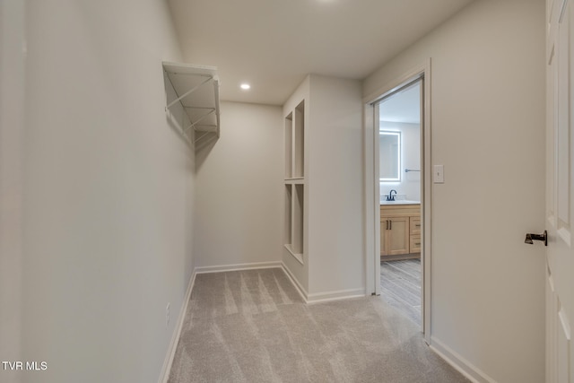 walk in closet featuring light colored carpet and sink