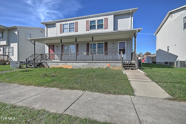 view of front facade with covered porch, a front lawn, and central air condition unit