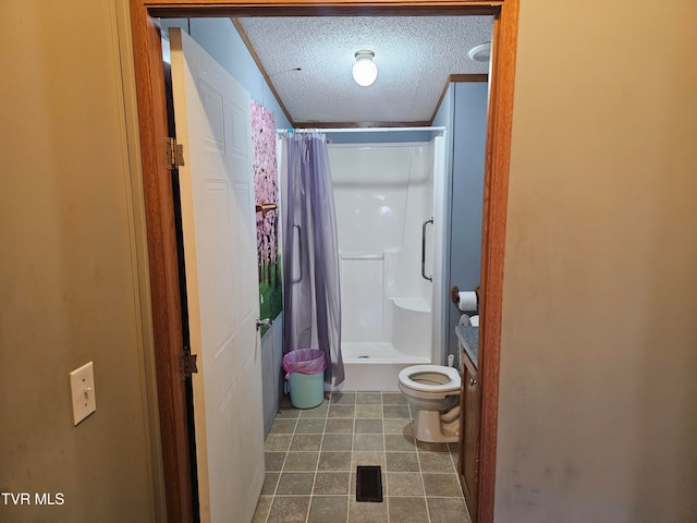 bathroom with tile patterned flooring, curtained shower, crown molding, and a textured ceiling