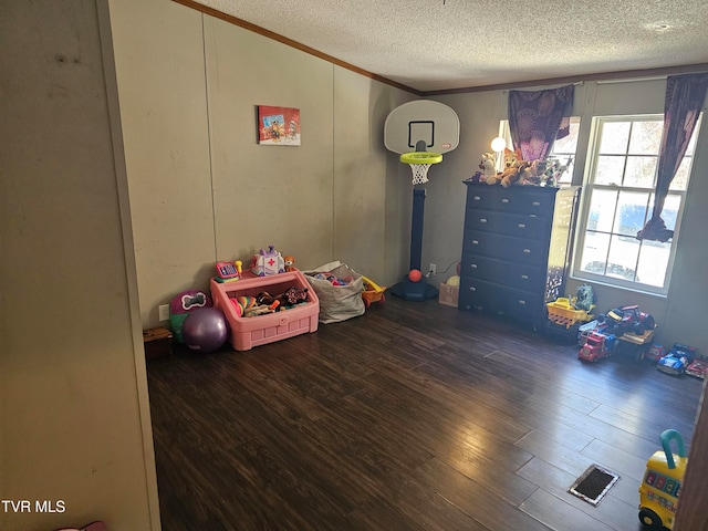 playroom featuring crown molding, wood-type flooring, and a textured ceiling