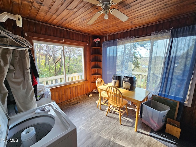 sunroom with washer / clothes dryer, ceiling fan, and wooden ceiling