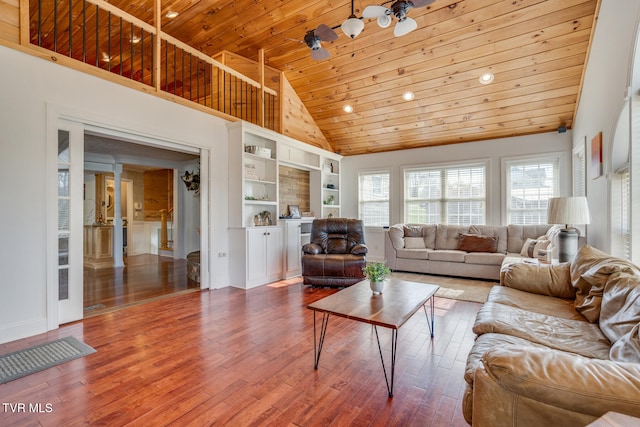 living room featuring wood ceiling, ceiling fan, hardwood / wood-style flooring, built in features, and high vaulted ceiling