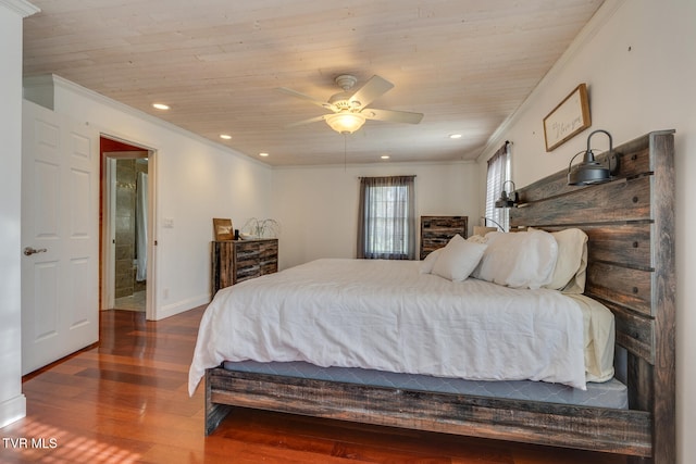 bedroom featuring wooden ceiling, ornamental molding, ceiling fan, and wood-type flooring