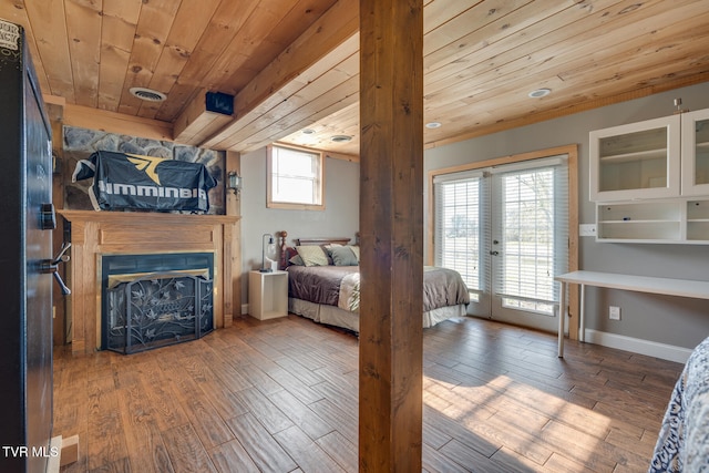 bedroom featuring wood ceiling, french doors, wood-type flooring, and access to outside