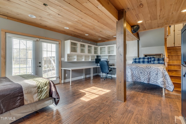 bedroom featuring hardwood / wood-style floors, wooden ceiling, access to exterior, and french doors