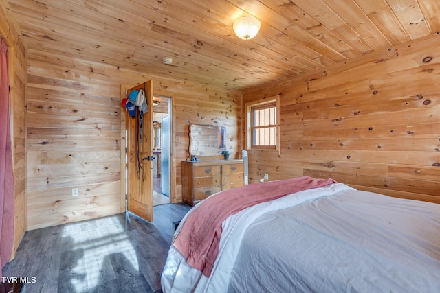 bedroom featuring wood-type flooring, wooden walls, and wooden ceiling