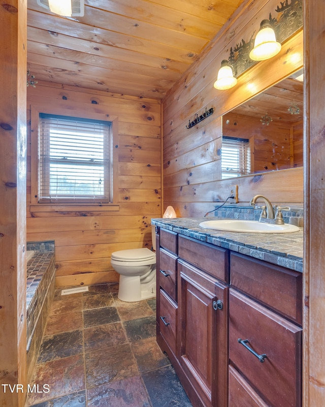 bathroom featuring wooden walls, vanity, wooden ceiling, and toilet