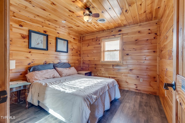 bedroom featuring wooden ceiling, dark wood-type flooring, and wooden walls