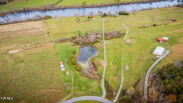 bird's eye view featuring a rural view and a water view