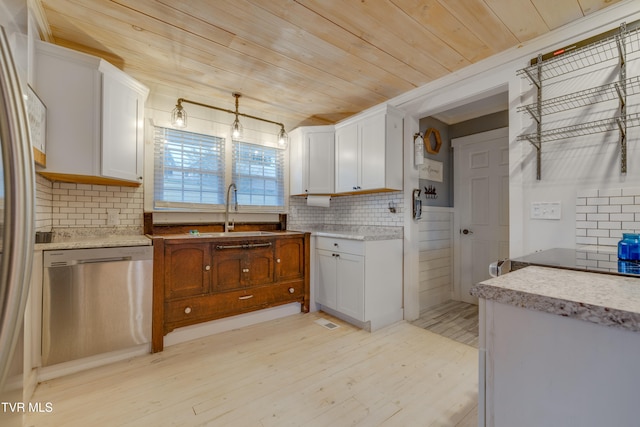 kitchen featuring sink, wooden ceiling, light hardwood / wood-style flooring, stainless steel dishwasher, and white cabinets