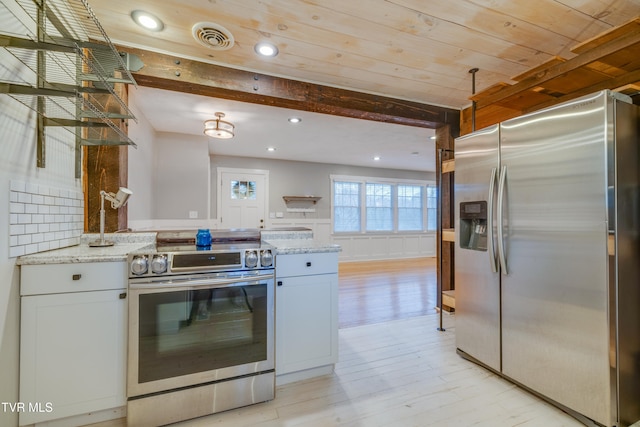 kitchen featuring backsplash, light hardwood / wood-style floors, white cabinetry, and stainless steel appliances