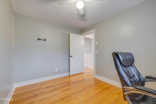 office space featuring ceiling fan and light hardwood / wood-style flooring