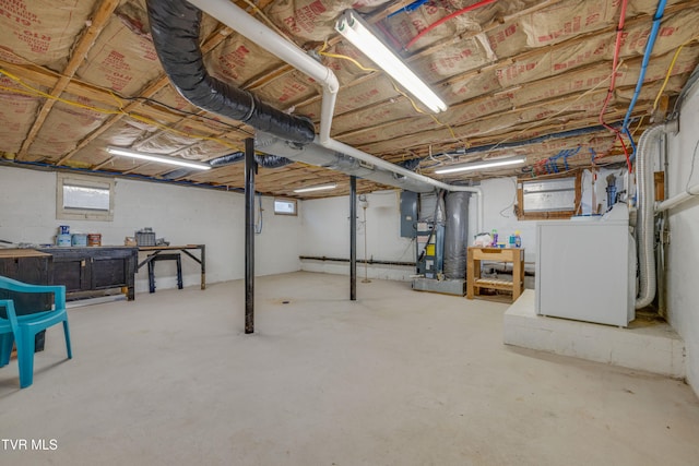 basement featuring washer / dryer, electric panel, and a healthy amount of sunlight