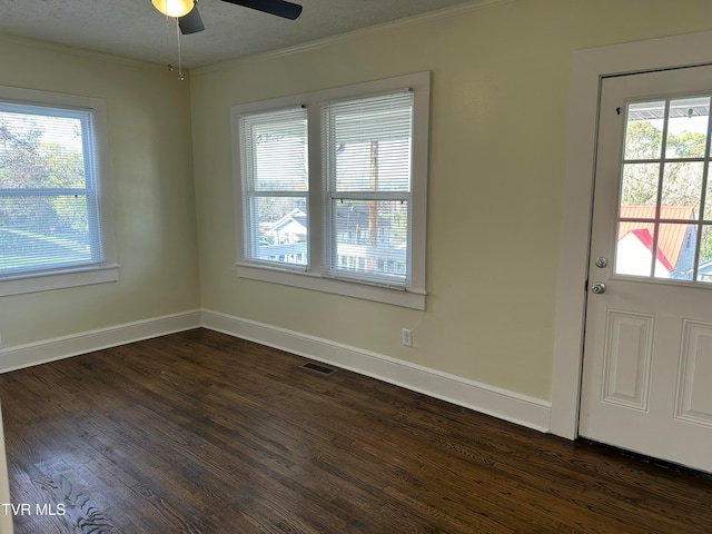 interior space featuring dark hardwood / wood-style floors, ceiling fan, a textured ceiling, and a wealth of natural light