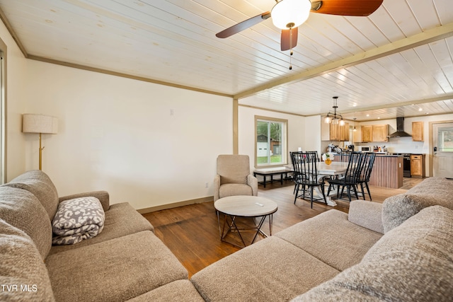 living room featuring hardwood / wood-style floors, ceiling fan, wooden ceiling, and beamed ceiling