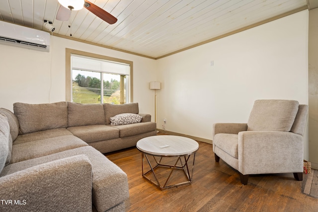 living room with hardwood / wood-style flooring, a wall unit AC, and wooden ceiling