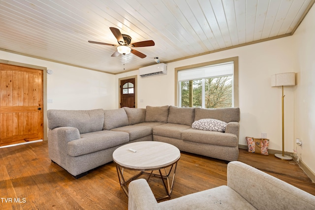 living room with a wall unit AC, wooden ceiling, ceiling fan, and wood-type flooring