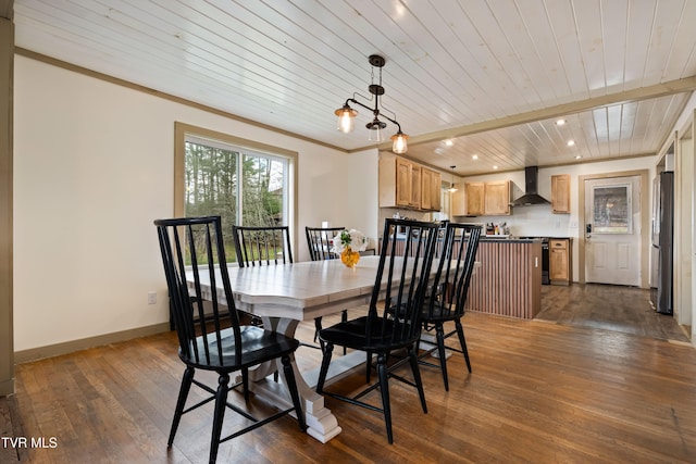 dining space with dark hardwood / wood-style flooring and wooden ceiling