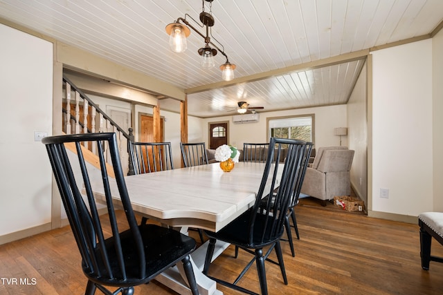 dining room featuring a wall unit AC, ceiling fan, wooden ceiling, and dark hardwood / wood-style floors