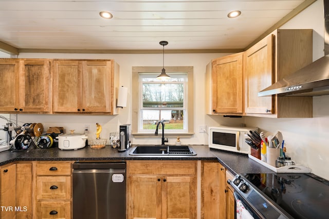 kitchen featuring sink, stainless steel appliances, wall chimney range hood, wooden ceiling, and decorative light fixtures