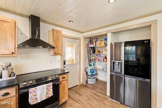 kitchen with wooden ceiling, wall chimney range hood, light wood-type flooring, electric range oven, and stainless steel fridge with ice dispenser