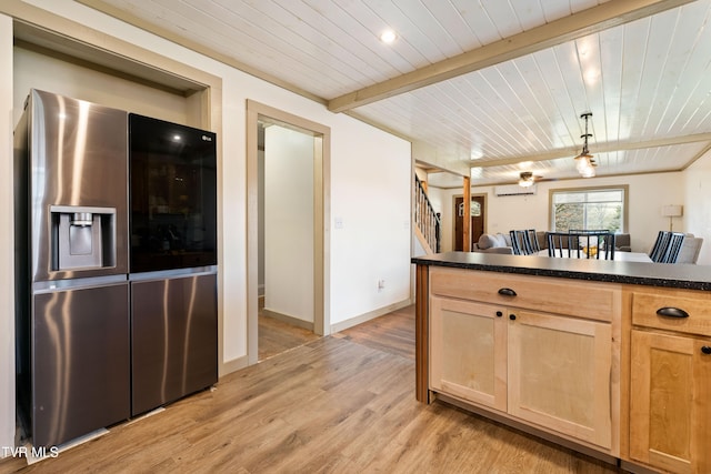 kitchen featuring wooden ceiling, an AC wall unit, light wood-type flooring, light brown cabinetry, and stainless steel fridge with ice dispenser