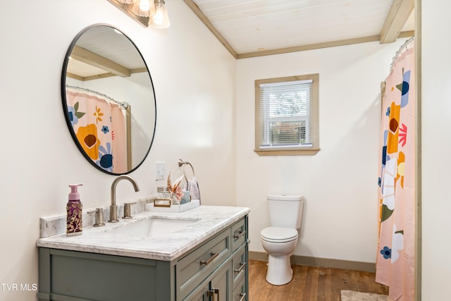 bathroom with wood-type flooring, toilet, vanity, wood ceiling, and ornamental molding