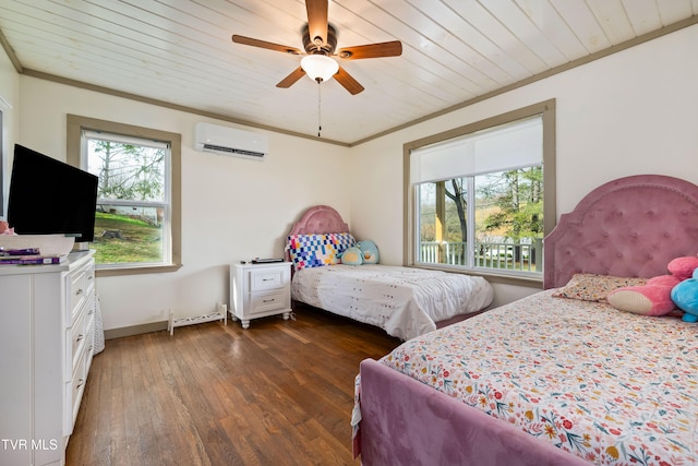 bedroom with a wall mounted air conditioner, ceiling fan, dark hardwood / wood-style floors, and wood ceiling