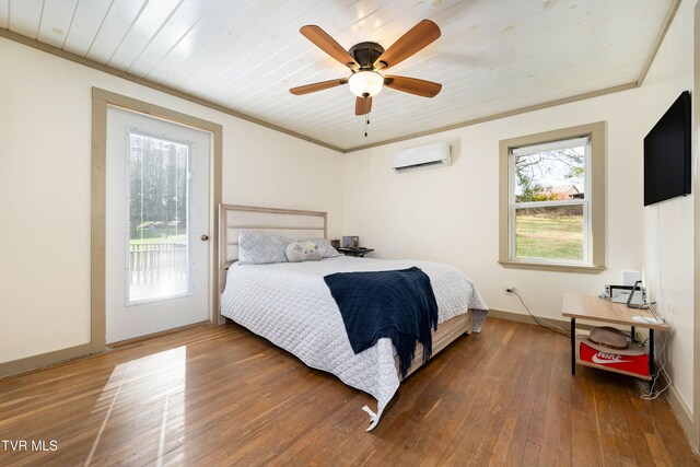 bedroom with a wall unit AC, ceiling fan, dark wood-type flooring, and wood ceiling